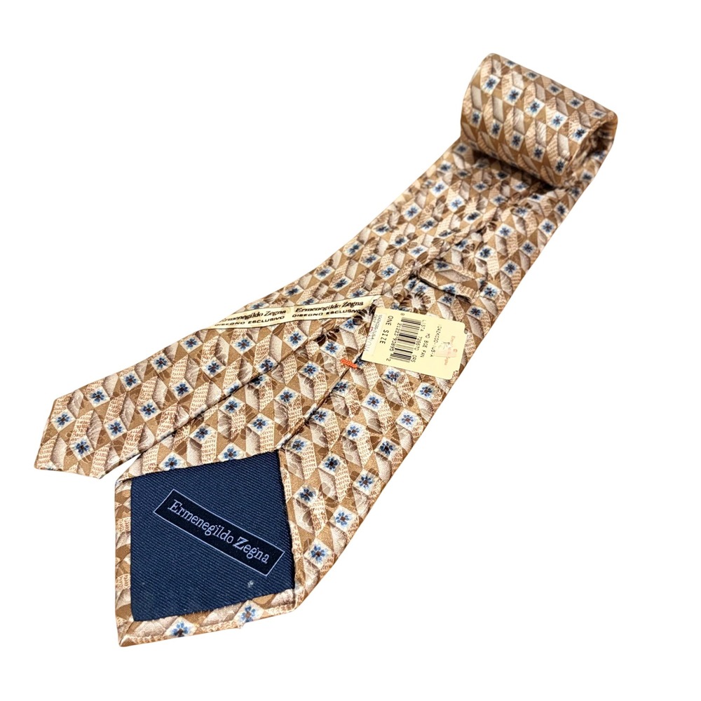 Ermenegildo Zegna Silk Tie Beige Tan Blue Geometric Diamond Disegno Esclusivo